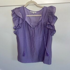 Joy Joy Ruffle Sleeve Purple Embroidery Dotted Blouse with Tassels Size Large